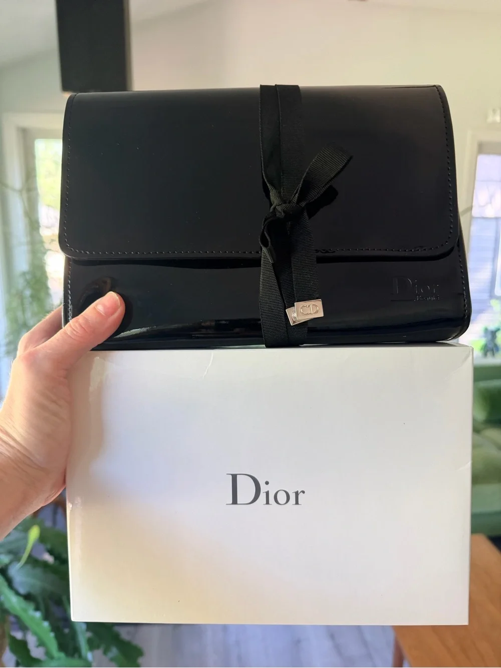 Cristian Dior Black PU Leather Cosmetic Pouch NEW in Original Dior Box w Tissue